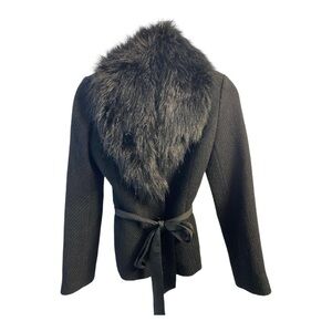 RW&CO. Black Blazer Removal Faux Fur Collar Ribbon Belt Wool Blend Size 4 Fall